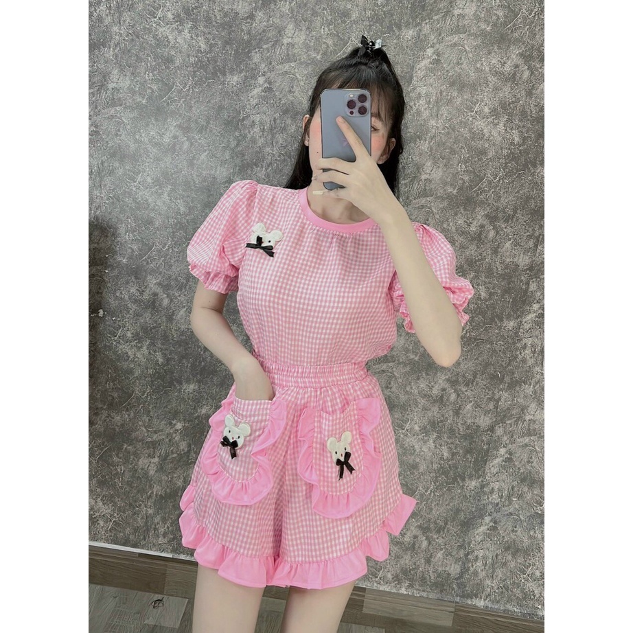 (FreeShip 2022) Sét bộ đùi caro đính nơ,bộ tay phồng phối bèo có túi dễ thương,chất đẹp tone màu tôn da dễ mặc