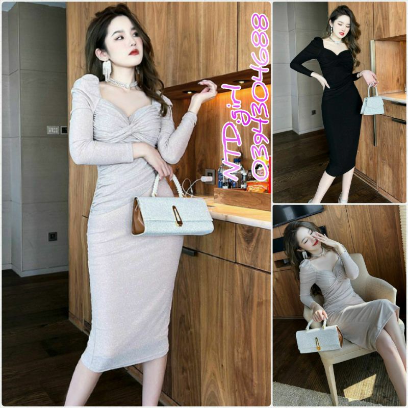 Hàng nhập - Đầm dáng ôm thun kim tuyến vai bồng cúp ngực, váy body dự tiệc tay dài