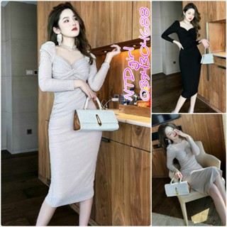  Hàng nhập - Đầm dáng ôm thun kim tuyến vai bồng cúp ngực váy body dự tiệc tay dài 