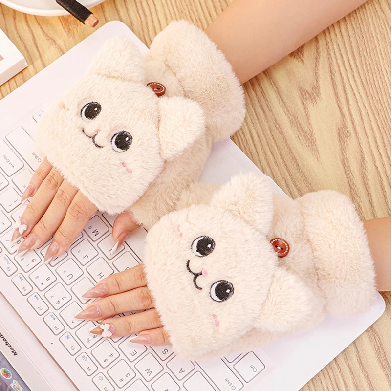 Găng Tay Lông Nhung Hở Ngón / Giữ Ấm Mùa Đông Hình Mèo Hoạt Hình Dễ Thương Cho Bé Gái