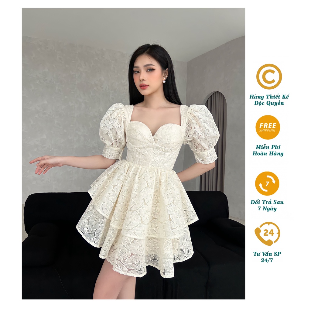 Đầm thiết kế, váy thiết kế, Elisa Dress - Đầm xoè 2 tầng cúp ngực chất ren kem kiêu sa và tinh tế LOLA SHOP