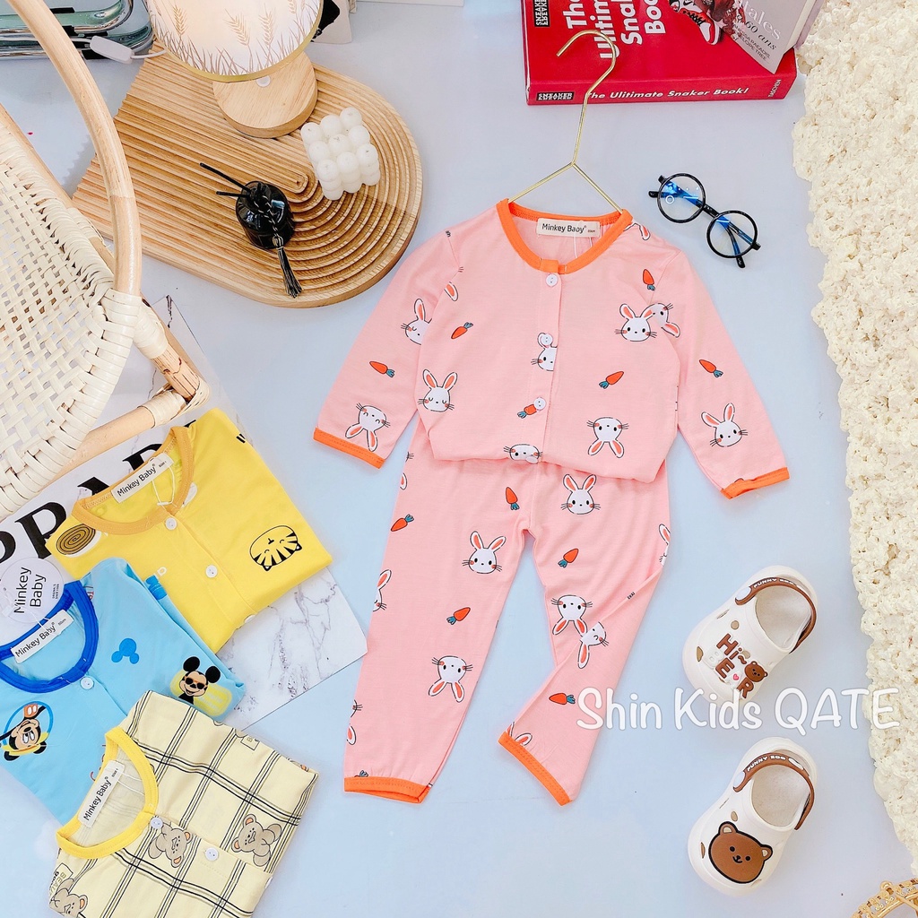 Size nhí (5-18kg) Bộ dài tay cài cúc giữa chất thun lạnh minkey baby in hình cực xinh dành cho bé,