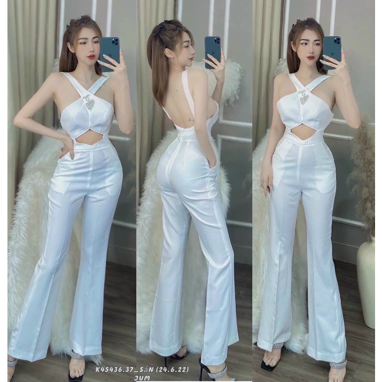 Jump dài chéo hở ngực cổ yếm trắng đen kèm tag chanel, jumpsuit đồ bay liền sang trọng sexy gợi cảm quyến rũ dự tiệc