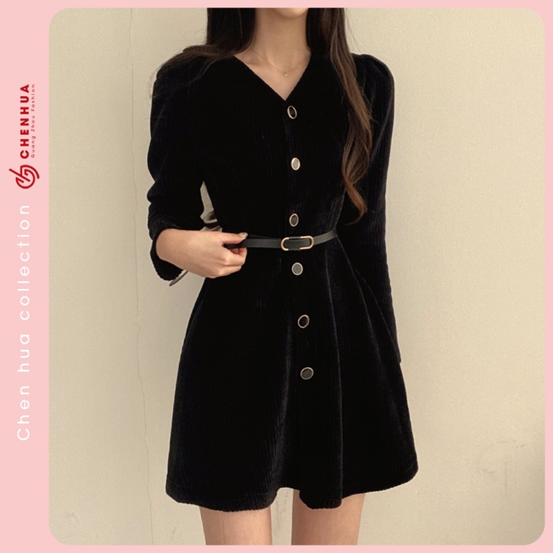 Váy nhung tăm dài tay ChenHua đầm len QC đẹp VT29