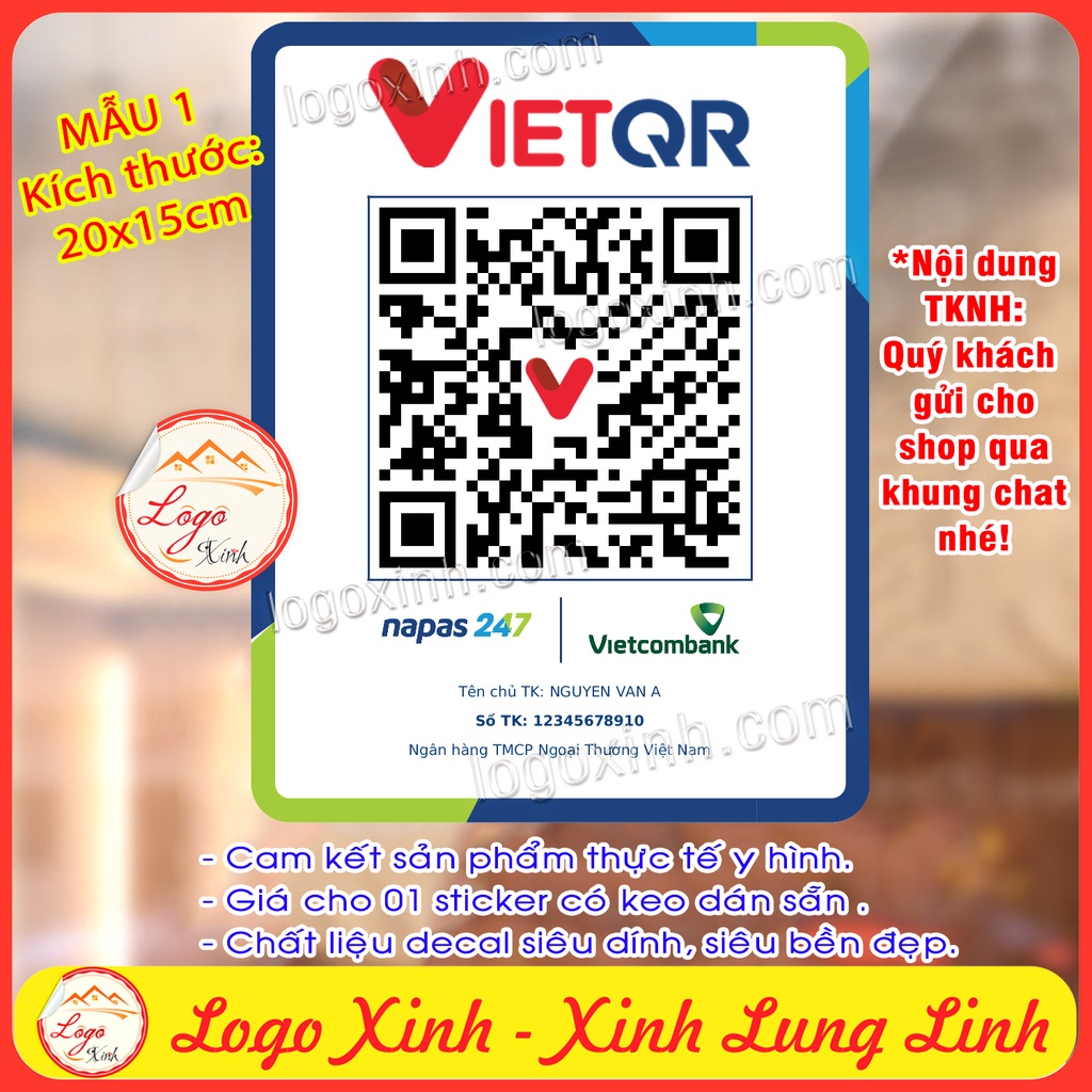 Sticker Decal Dán Mã Quét QR Code Ghi Số Tài Khoản Ngân Hàng, Mã QR Để Chuyển Tiền Cho Quầy Quán, Shop, Cửa Hàng....
