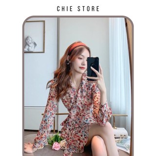 Đầm thiết kế Texi dress họa tiết hoa, nhún eo tay dài CHIE