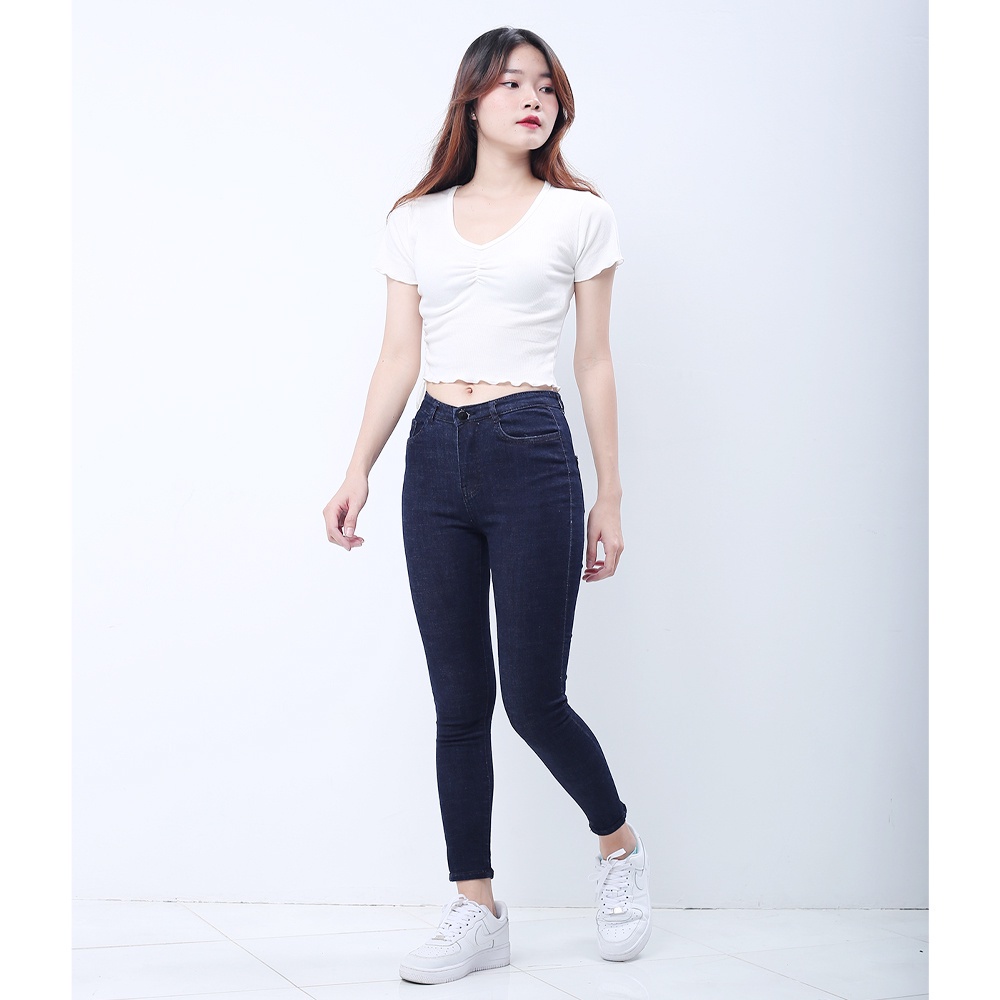 Quần Bò Nữ Dáng Dài Vải Jean Co Giãn Mạnh Lưng Cao Màu Xanh Muối Tiêu