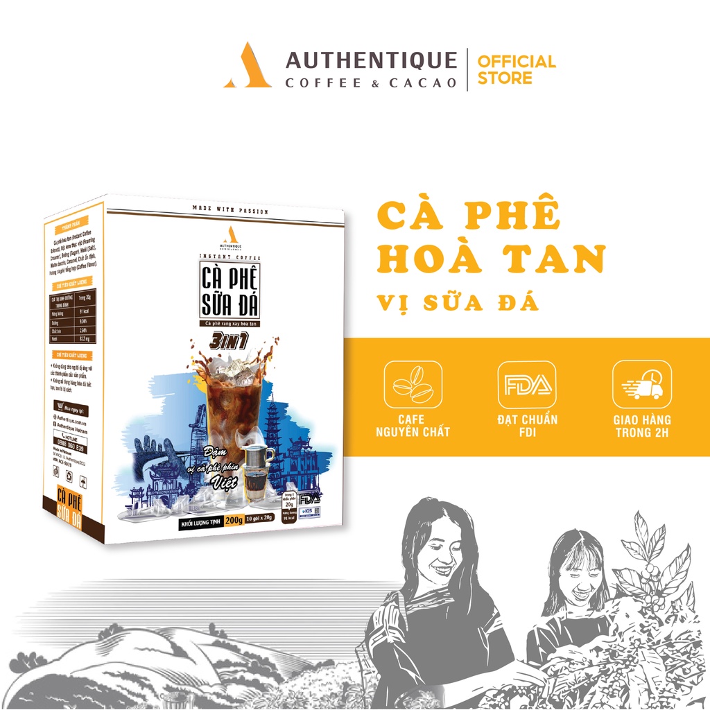 Cà phê sữa đá pha sẵn hòa tan 3in1 (20G x 10Gói) - Đậm vị cà phê | Authentique Instant Coffee