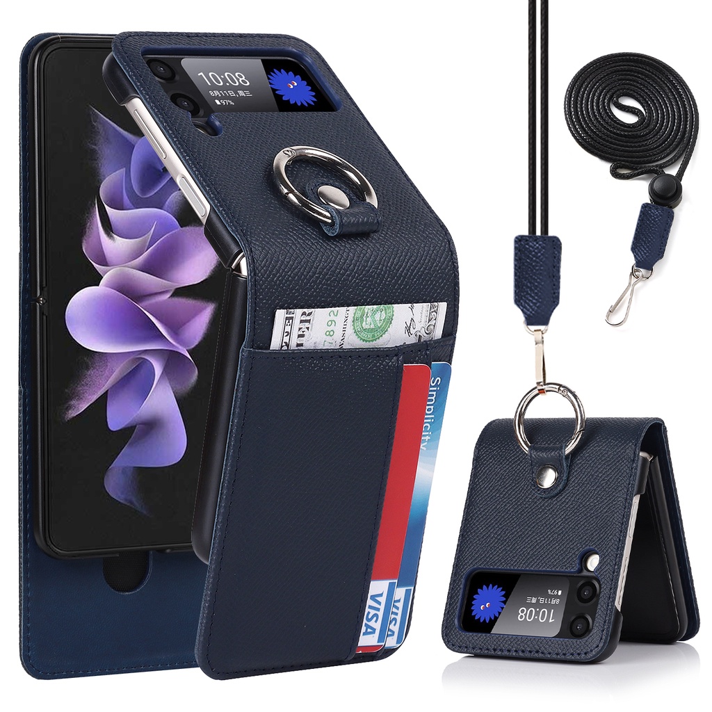 Ốp Điện Thoại Da Dạng Ví Chống Sốc Có Vòng Đỡ Và Dây Đeo Thời Trang Cho Samsung Galaxy Z Flip 4 3