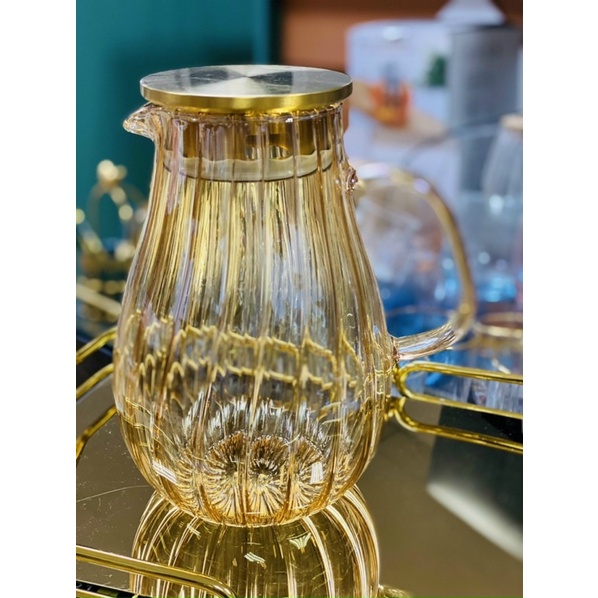 Bình đựng nước 1 lít 2l thủy tinh trong suốt sáng bóng vàng cao cấp bộ bình sang trọng bắt mắt hàng dày dặn MOKAT