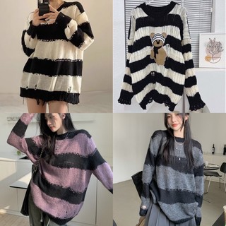 [ Hàng Loại 1 + Clip Thật ] Áo Len Sweater Rách Kẻ Sọc Ngang Gấu Phối Rách Full Đen Trắng Tím Xám Hot Trend Mùa Đông
