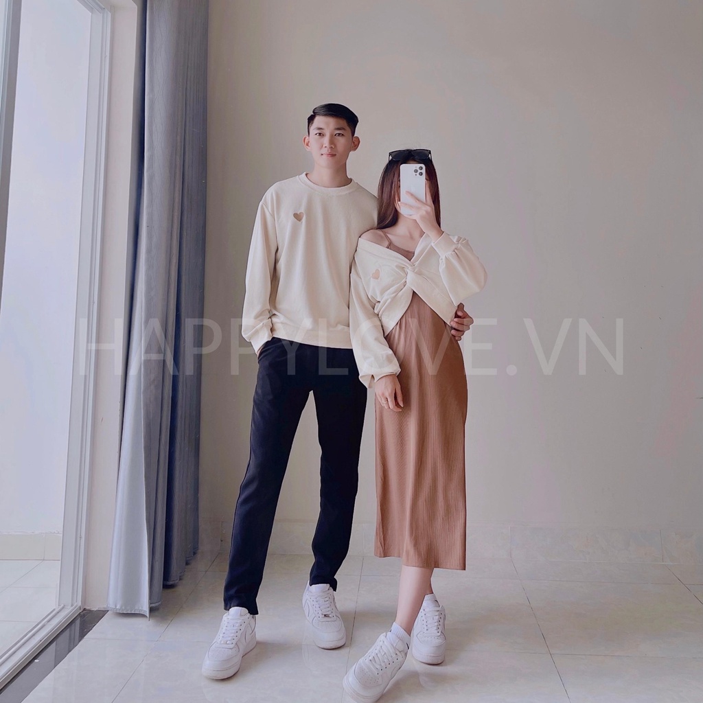 Set Đồ Đôi Couple Áo nam Váy nữ màu Be Kem thêu hình Trái tim Quảng Châu cao cấp cho các Cặp đôi nam nữ HAPPYLOVE H33