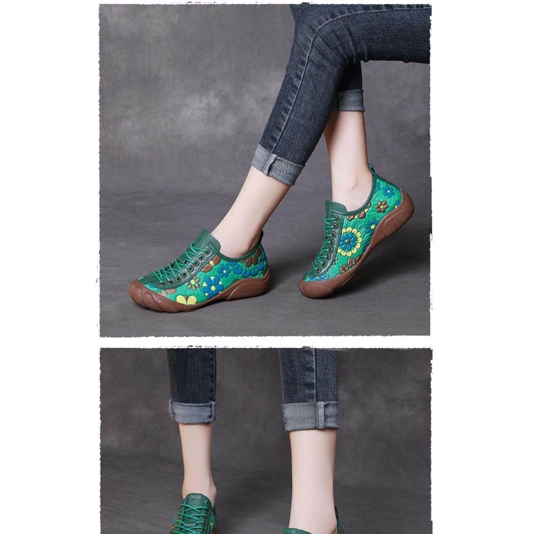 Giày Da Đế Bằng Thắt Dây Mềm Mại Thoải Mái Phong Cách Dân Tộc Cho Nữ