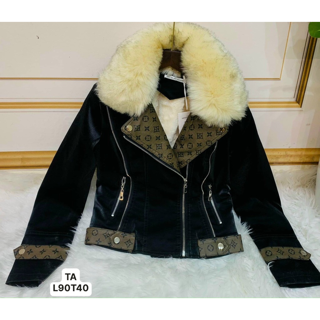 Áo khoác nữ da LV pha lông cổ hàng quảng châu S-2xl