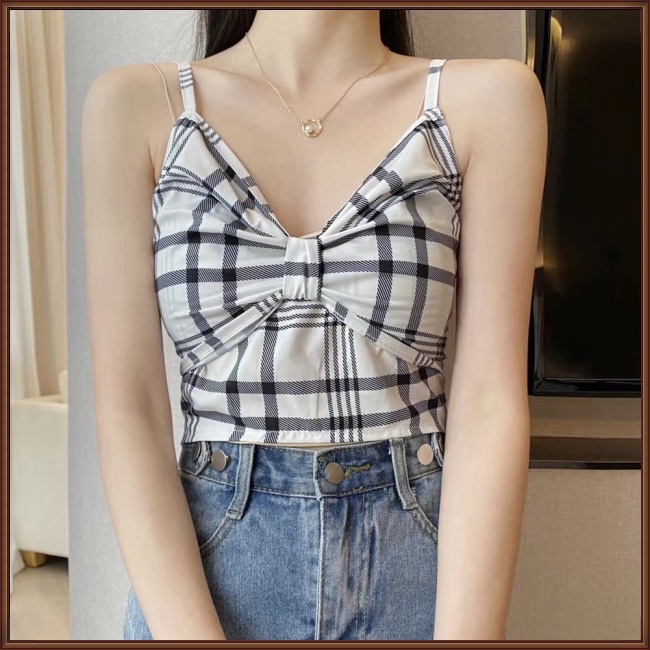 Áo Croptop Hai Dây Không Tay Thắt Nơ Họa Tiết Sọc Caro Thời Trang Mùa Hè Cho Nữ