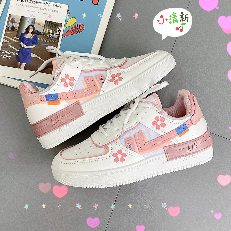 Giày Thể Thao Trắng Hồng Họa Tiết Hoa Nhỏ Phong Cách Hàn Quốc Cho Nữ