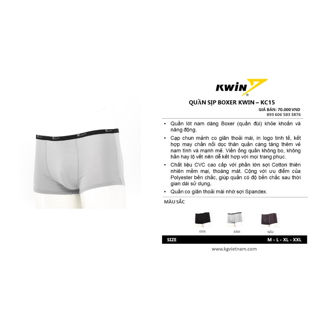 Quần lót nam Boxer KWIN chất liệu cotton thiên nhiên mềm mịn thoáng khí co giãn thoải mái KC15