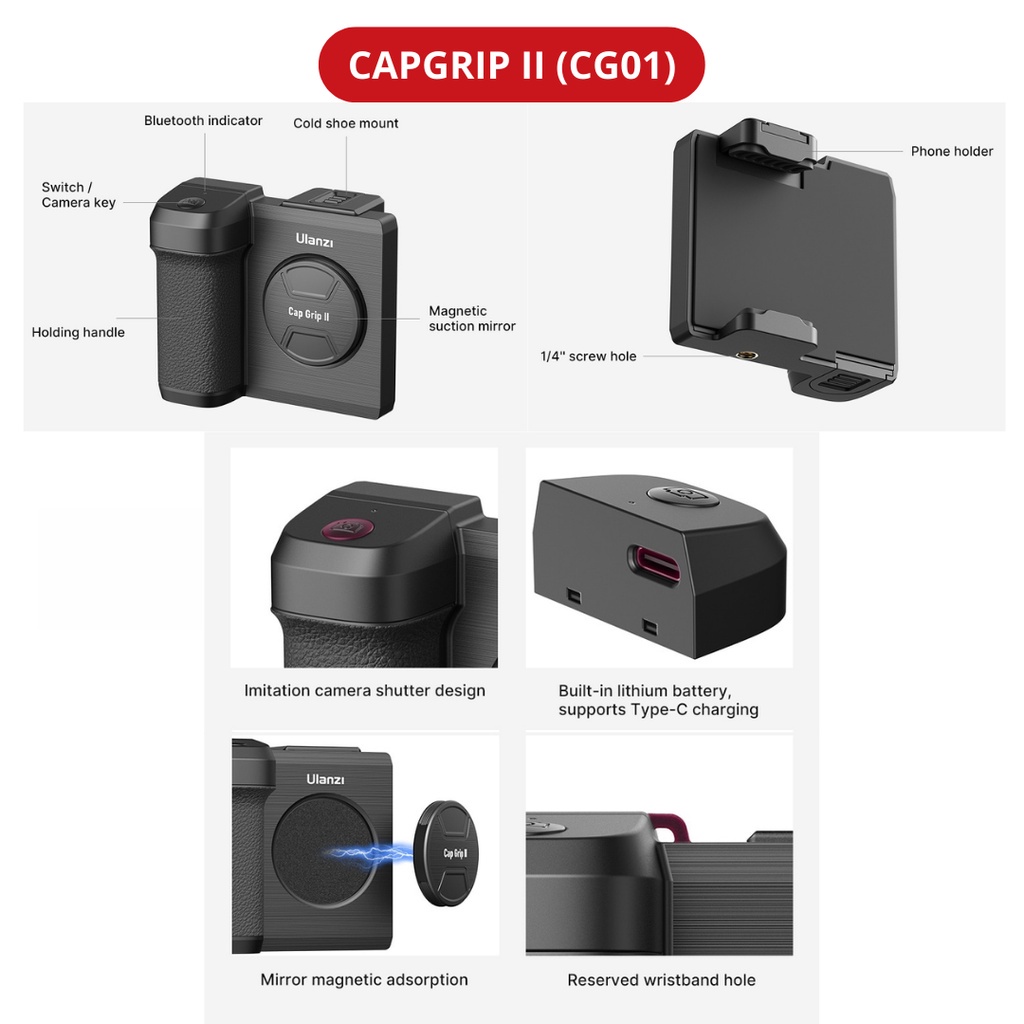 ULANZI CAPGRIP II - Báng Tay Cầm Tích Hợp Điều Khiển Bluetooth Dành Cho Điện Thoại - Hàng Chính Hãng