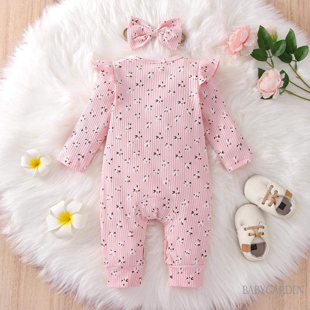 Bộ Áo Liền Quần Tay Dài Cổ Tròn In Hoa Phối Bèo + Băng Đô Nơ Thời Trang Cho Bé Gái 0-24 Tháng Tuổi