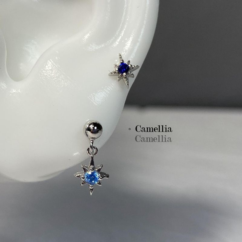 Khuyên Tai Đính Đá Hình Ngôi Sao Nhỏ Màu Xanh Dương Sáng Bóng ~ Bằng Bạc sterling Cá Tính Khi Ngủ