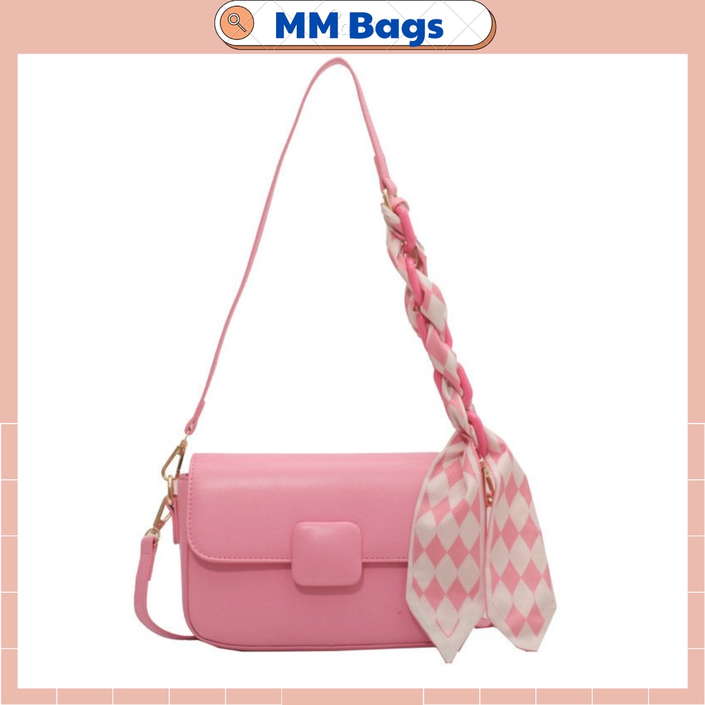 Túi kẹp nách khoá vuông MM Bags túi xách đeo chéo dáng bầu kèm khăn lụa Hàn KNE70