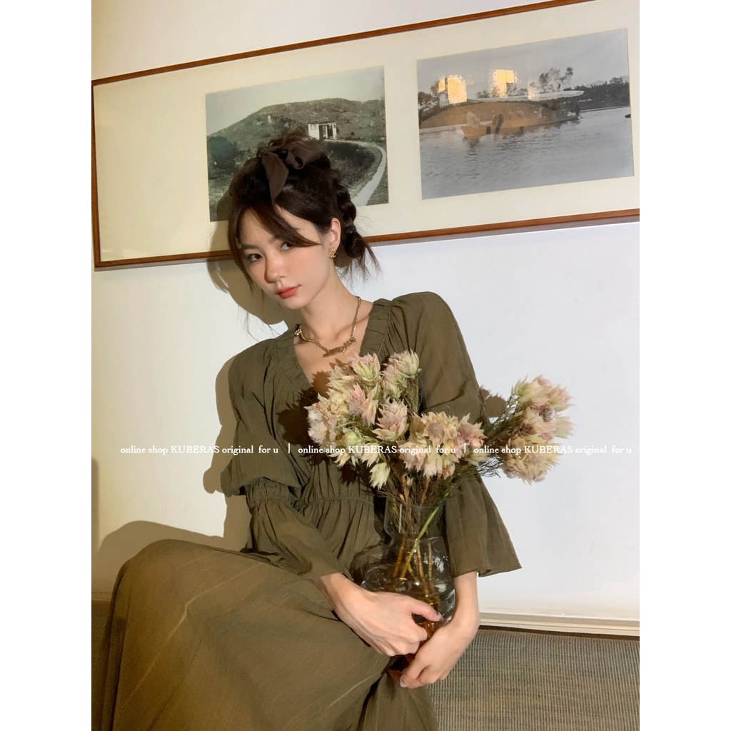 Đầm midi cổ chữ V xếp ly phong cách Pháp thanh lịch cho nữ