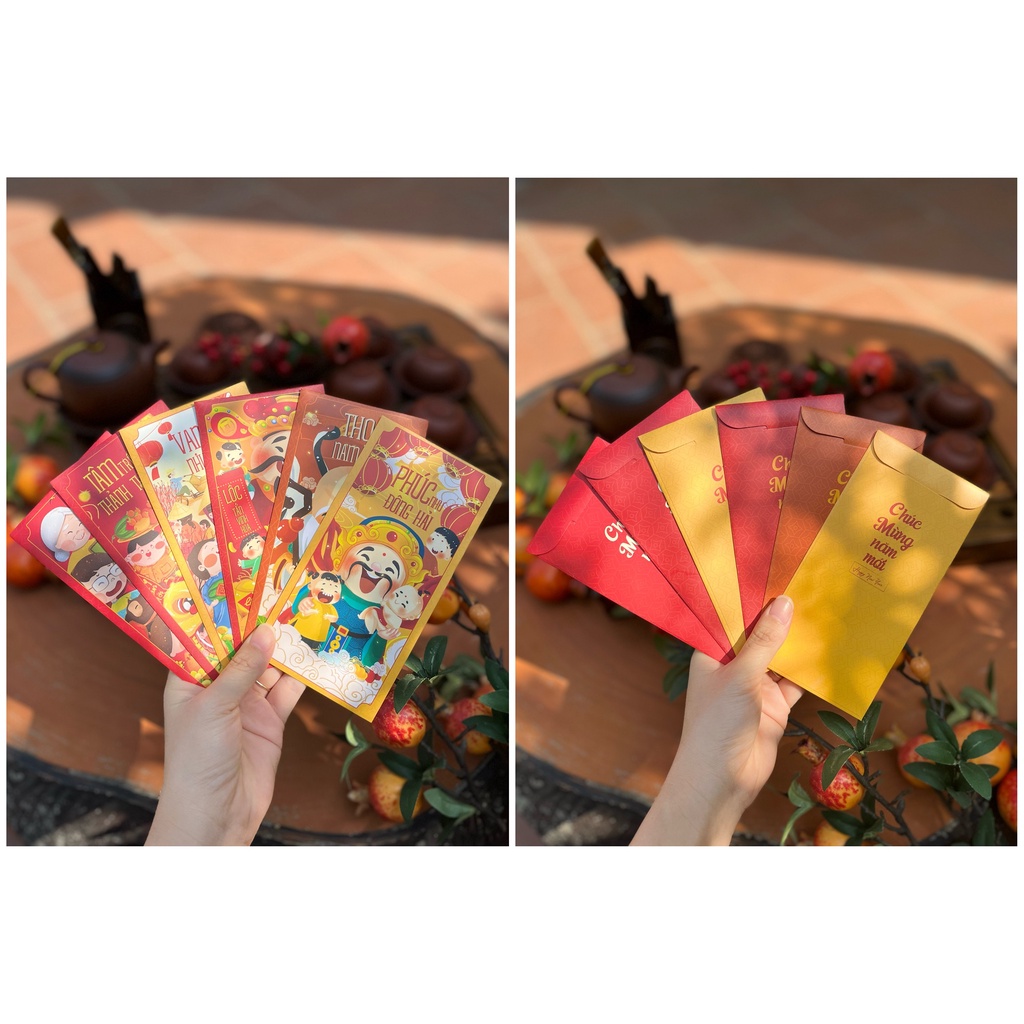 Sét 12 Bao Lì Xì Tết thiết kế đặc sắc - Hình ông Phúc Lộc Thọ - Giấy C150 cán mờ in sắc nét