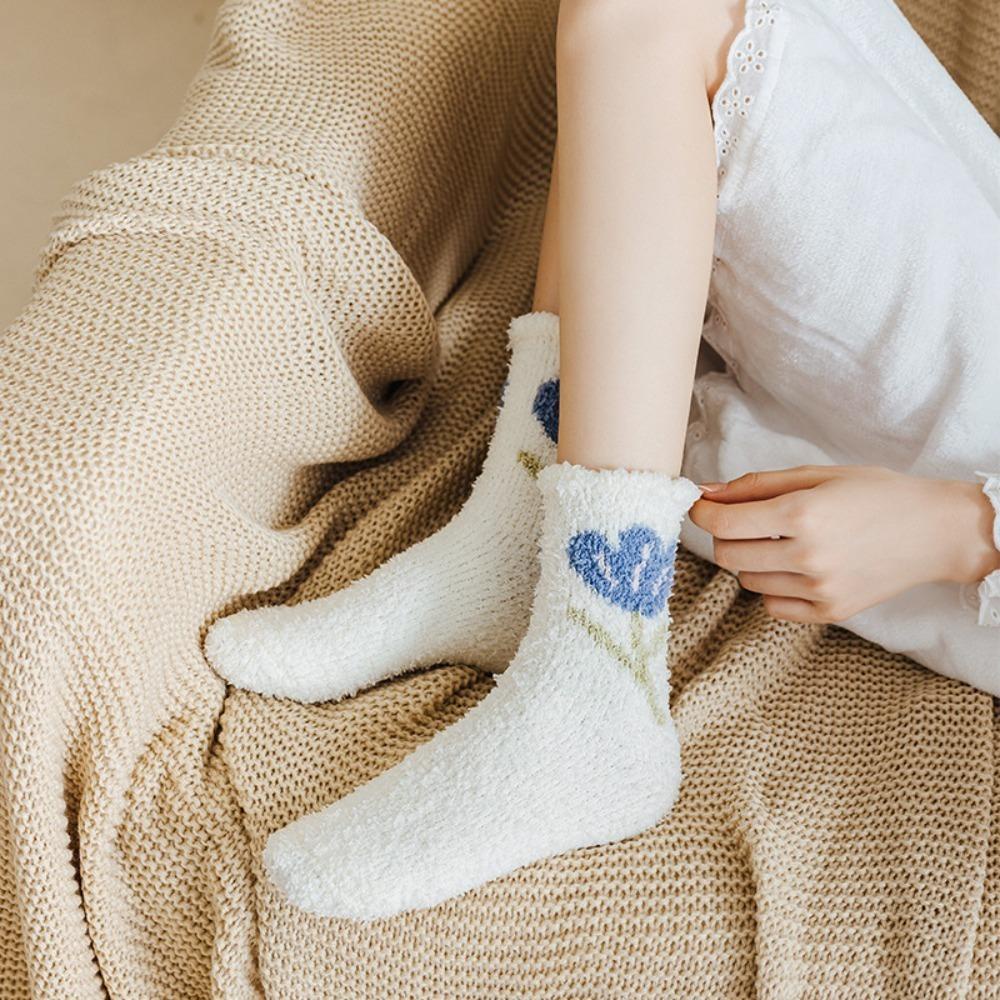 FALLFORBEAUTY Vớ Cổ Trung Dày Dặn Thoải Mái In Họa Tiết Hoa Tulip Dễ Thương Thời Trang Mùa Thu Cho Nữ