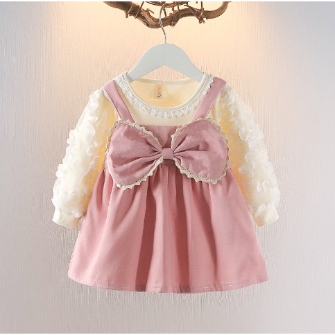 Paulababy Thời Trang Đầm Công Chúa Tay Dài Giả Hai Mảnh Đính Nơ Dễ Thương Cho Bé Gái