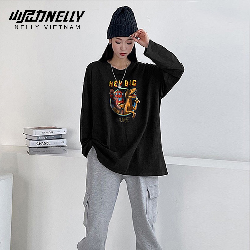 Áo thun dài tay NELLY cotton 100% dáng unisex form rộng in hình Hey big like