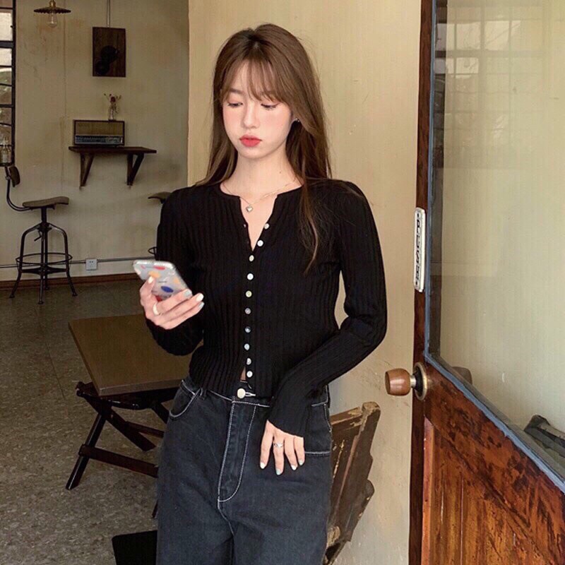 Áo len gân tay dài YUNA cúc dọc cổ V dáng ngắn co dãn siêu sexy, thời trang nữ YUNA_A014