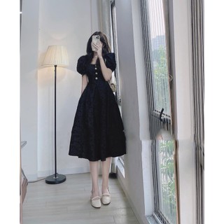 Đầm Maxi MiDi Dáng Xòe ❤️FREESHIP❤️ Cổ Vuông Tay Phồng Đính Nút Kiểu Xinh Xắn