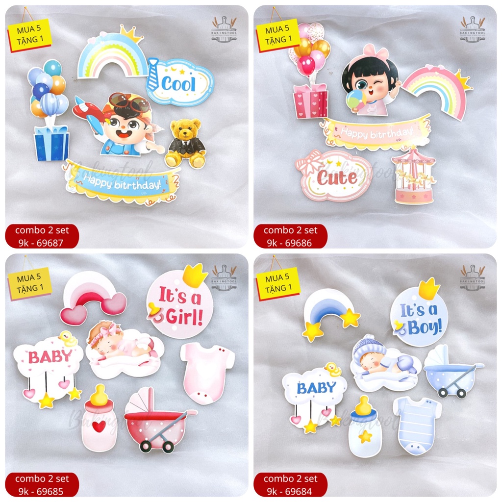 Trang trí bánh set que giấy bé trai gái baby