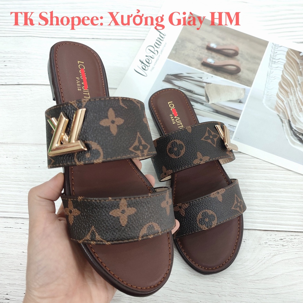 Dép Lê Nữ Thời Trang Các Màu 2 Quai Ngang Da Sần Đính Chữ LV Hàng Loại 1