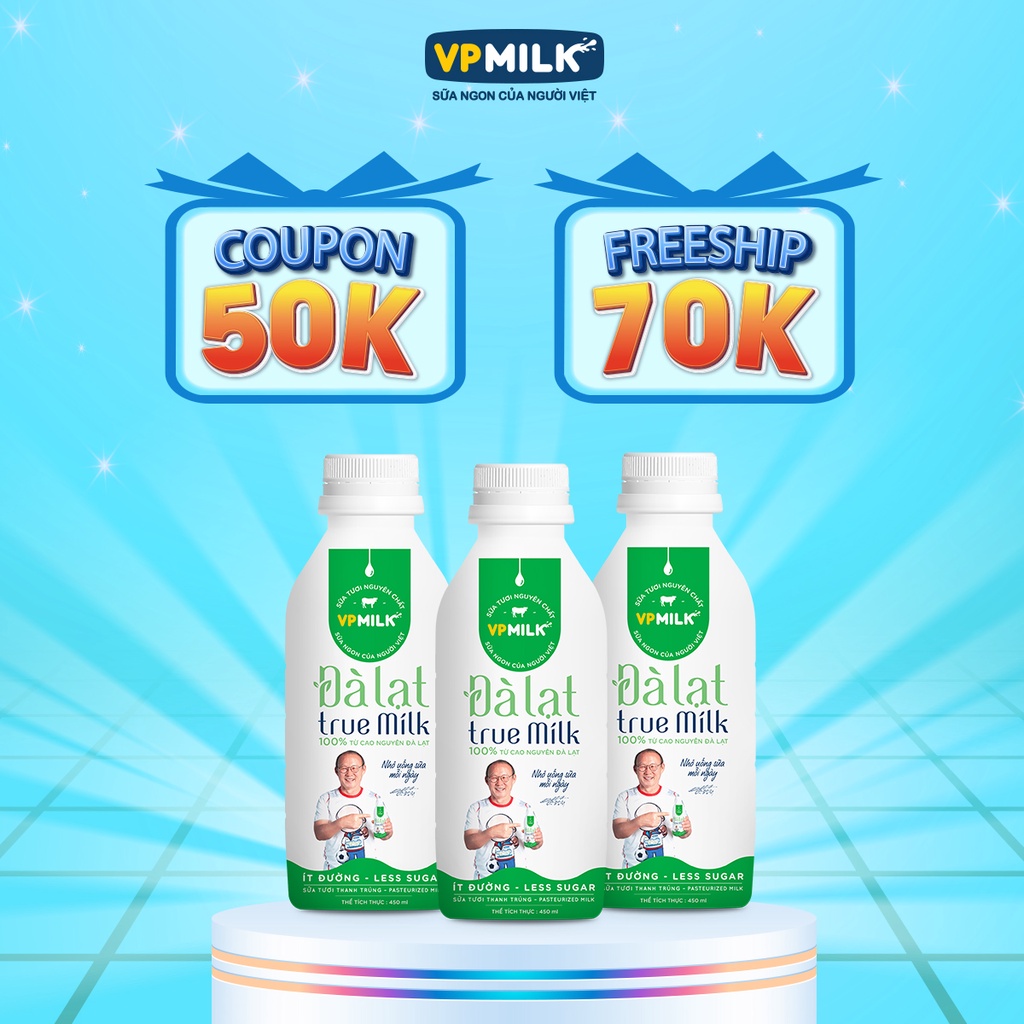 Sữa Tươi Thanh Trùng VPMilk Đà Lạt True Milk - Ít đường Chai 450ml