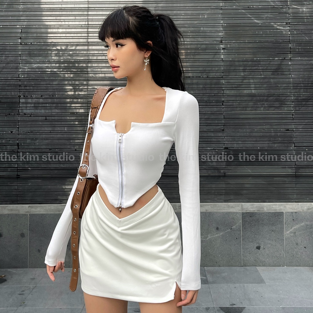 Áo croptop dài tay cổ vuông kéo khóa ngực The Kim , áo thun len tăm tăm tay dài vạt nhọn A162 | BigBuy360 - bigbuy360.vn