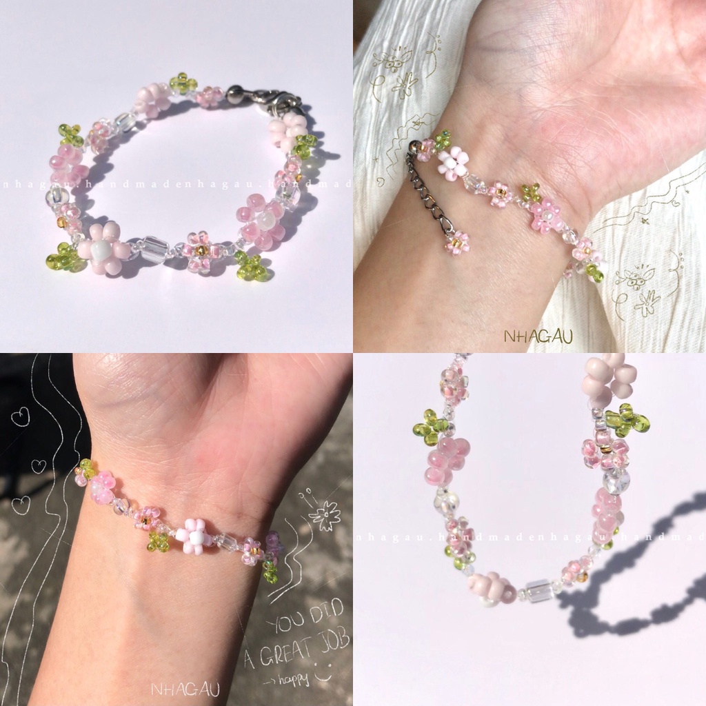 Vòng tay hạt cườm hoa hồng Be Tickled Pink |Khóa cài không gỉ | NHA GAU | Vui lòng đọc mô tả sản phẩm