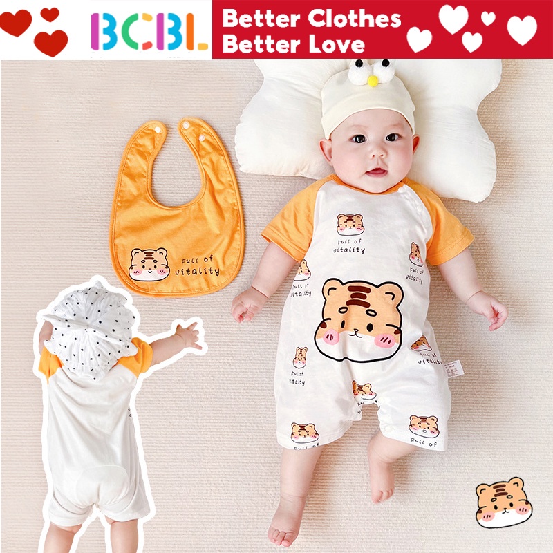 Bộ áo liền quần BCBL tay ngắn in hình hổ hoạt hình dành cho bé trai gái 0 12 24 tháng tuổi