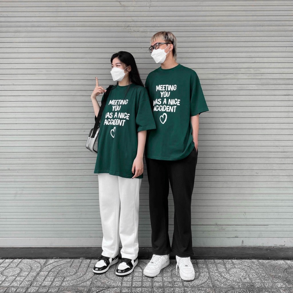 Áo thun tay lỡ xanh lá Meeting You. Áo phông form rộng cotton Ulzzang nam nữ Unisex