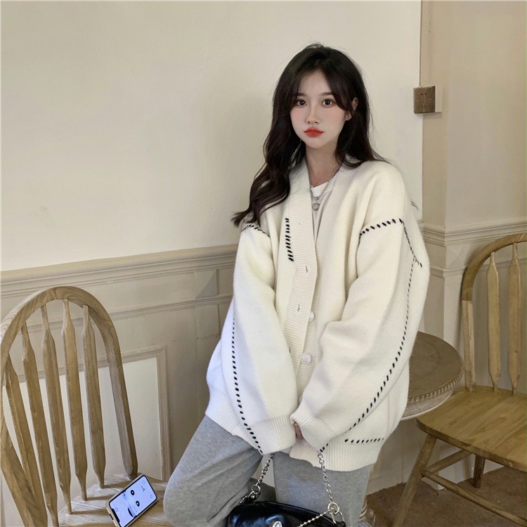 Áo khoác len cardigan phối viền sọc đen dài tay chất len đẹp cadigan dáng rộng phong cách Hàn Quốc đủ size