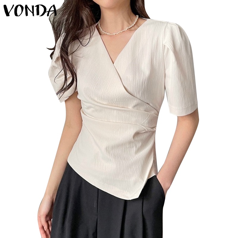 Áo kiểu tay ngắn VONDA cổ chữ V màu trơn phối khóa kéo sau lưng phong cách Hàn Quốc cho nữ