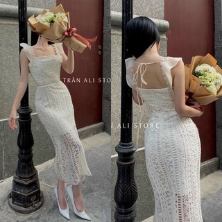 Hàng TK Đầm ôm body kem nude dáng dài 2 dây bản to cánh tiên, váy tiểu thư hotgirl sang trọng quý phái đi chơi dự tiệc