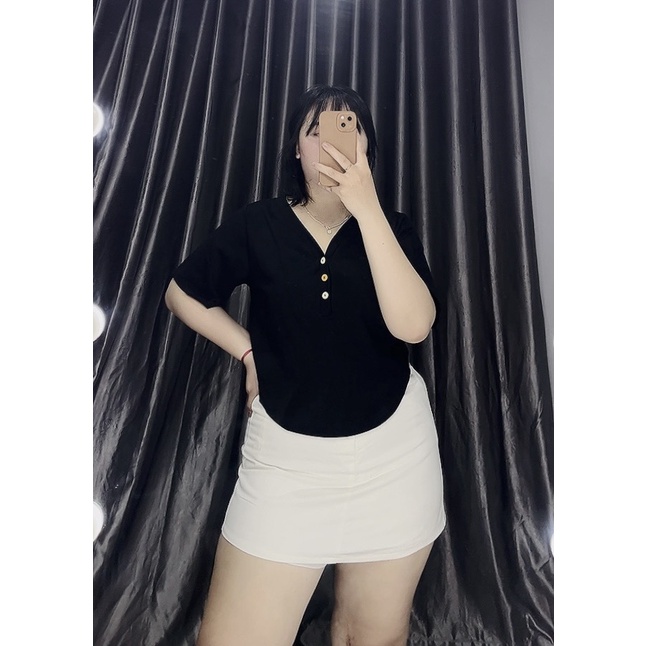 Áo cổ tim nút phối màu vạt bầu chất cotton