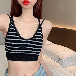 Áo lót bra cotton 2 dây kép phối kẻ ngang cá tính