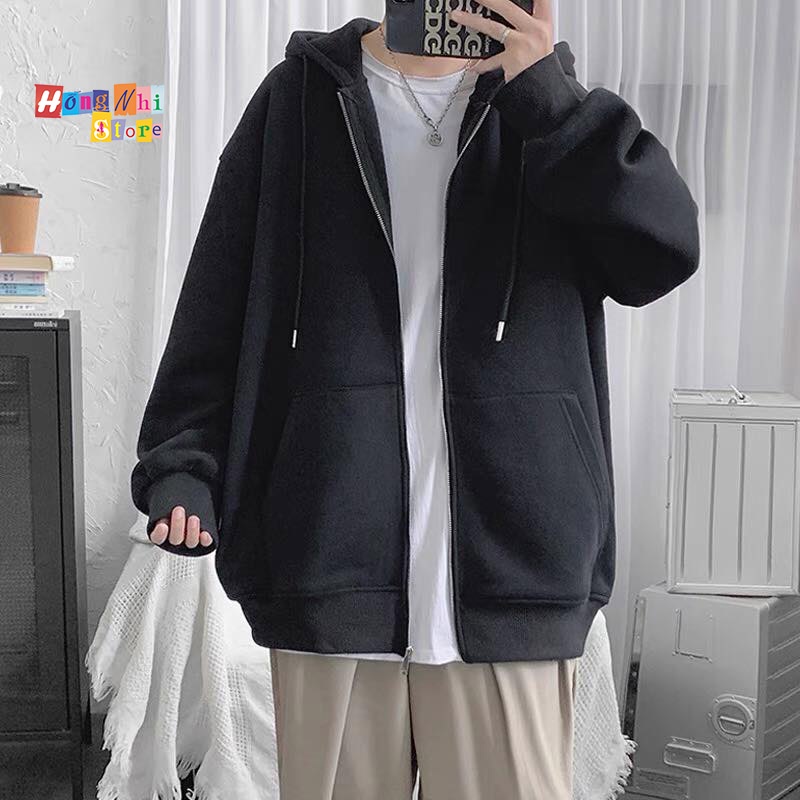 Áo Khoác Hoodie Zip Nỉ Trơn Tay Phồng Màu Đen Dây Kéo Dáng Rộng Nam Nữ Oversize Ulzzang Unisex - MM