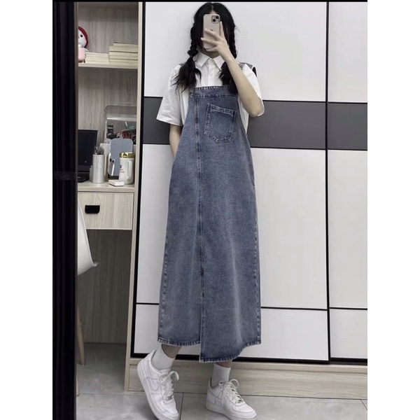 VÁY YẾM BÒ DENIM DÀI HÀN QUỐC