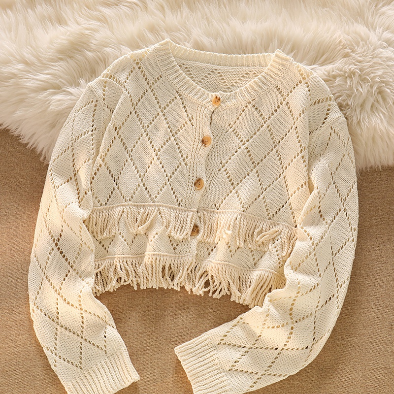 NUZIRO Bộ đồ  gồm áo cardigan dệt kim ngắn phối tua rua và quần dài dây rút phong cách Pháp thời trang cho nữ