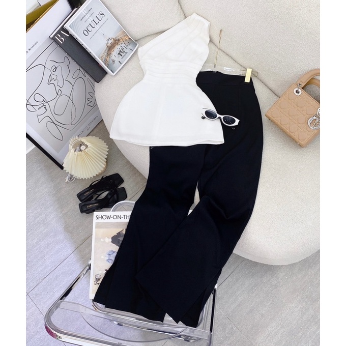 SET ÁO TRẮNG LỆCH VAI BO EO + QUẦN SUÔNG ĐEN ✨