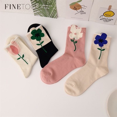 FINETOO Set 6 Đôi Tất Cotton In Hình Hoa Tulip 3D Thời Trang Cho Nữ