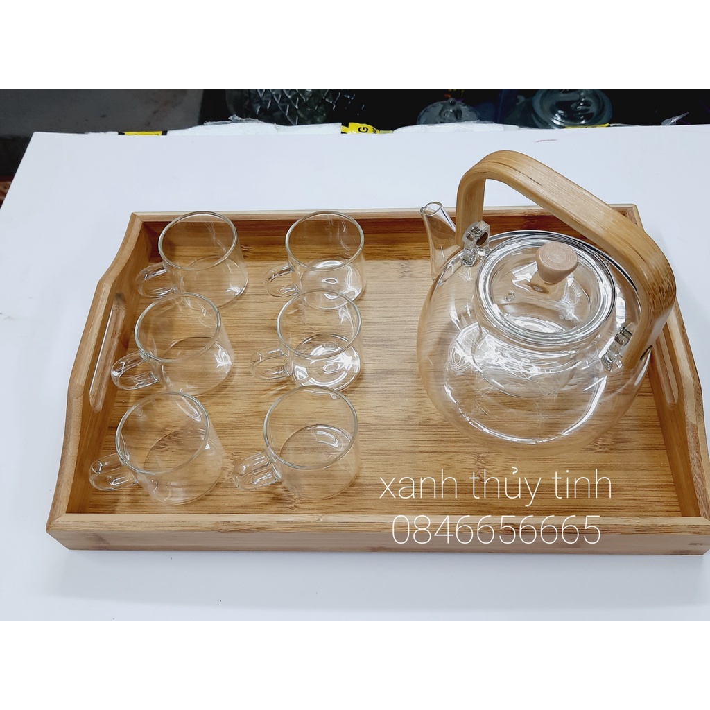 Bộ ấm trà thủy tinh chịu nhiệt cao, ấm quai gỗ dung tích 900ml - AT31